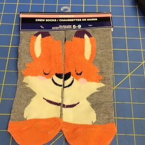 Fuzzy Fox Crew Socks - Orange & Gray Size 5-9